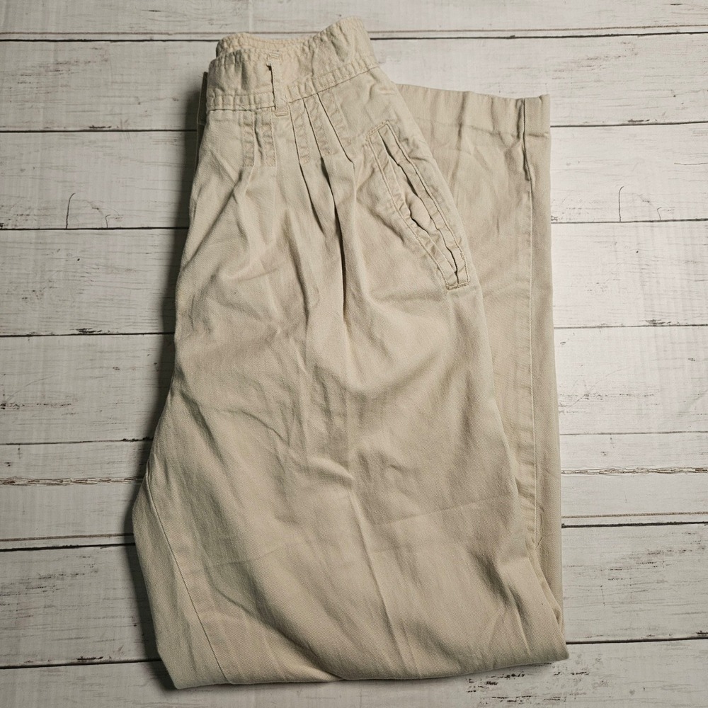 Vintage QPS High Waisted Pleated Trousers Beige Khaki Cotton Tapered Pants Sz 8